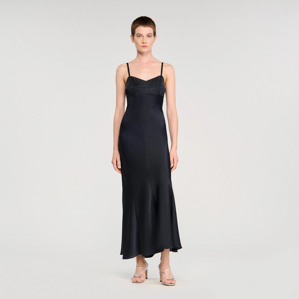 Sandro Marine Blue Satin Maxi Slip Dress